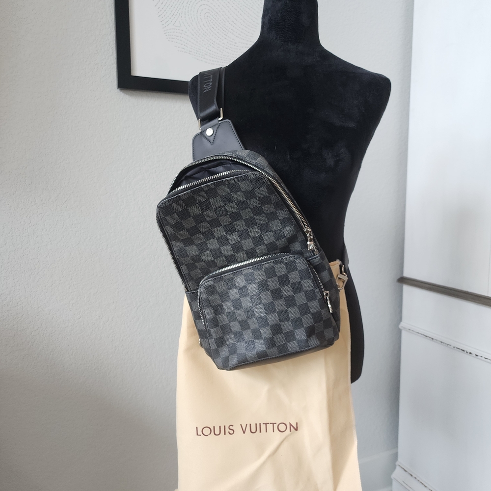 Rare Louis Vuitton Avenue Sling Black Checkered Backpack with Dust Bag.